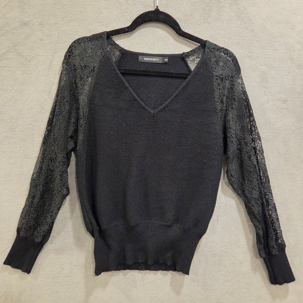 Sophisticated Lace Sleeve V-Neck Sweater Women's Size Small Black Ribbed Knit